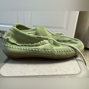 Vans suede mint green color moccasins.  Size 5, worn, rubber soles